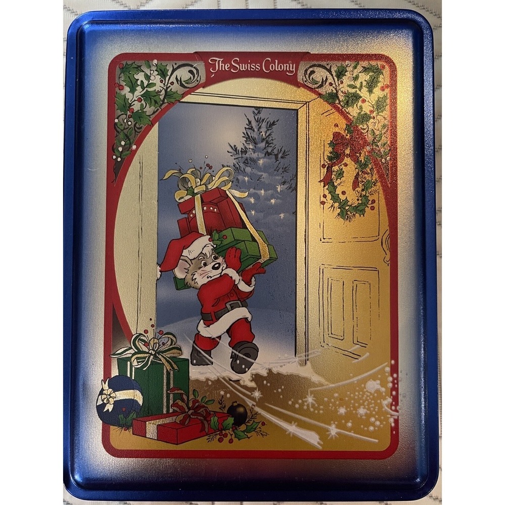 The Swiss Colony Metal Tin Christmas Cat Rectangular 5.5" by 8" Blue Metal